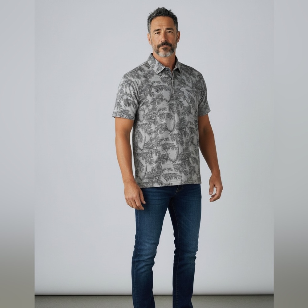 Travis Mathew Gray Leaf Print Polo Shirt - Picture 2 of 9
